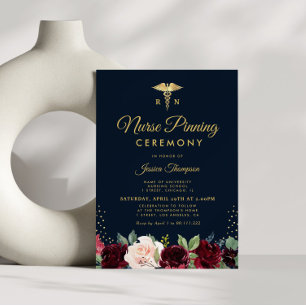 Modern burgundy navy floral Nurse pinning ceremony Invitation