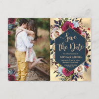 Modern Burgundy Navy Floral Photo Save the Date