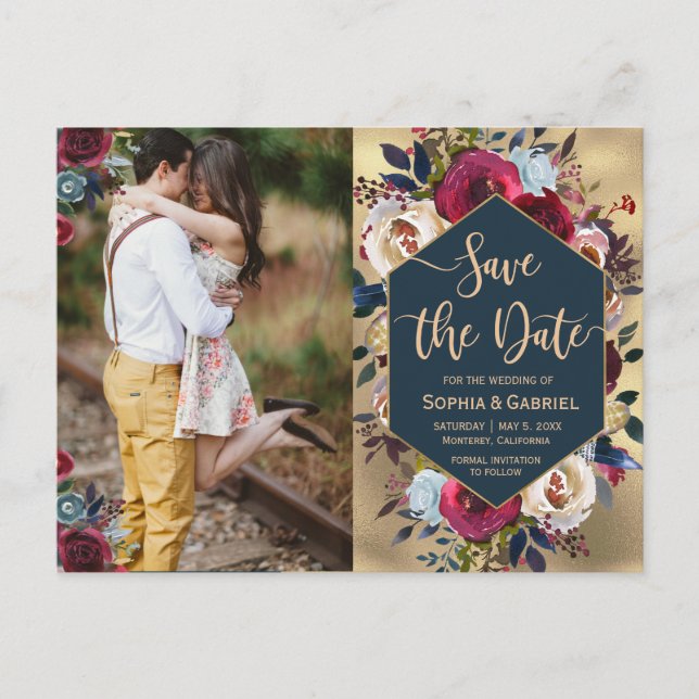 Modern Burgundy Navy Floral Photo Save the Date Announcement Postcard (Front)