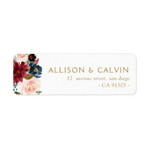 Modern burgundy navy floral wedding address label return address label