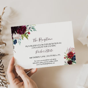 Modern Burgundy Navy Floral Wedding Reception Card