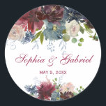 Modern Burgundy Navy Floral Wedding sticker<br><div class="desc">Modern, Elegant, Burgundy or Bordo, Marsala and Navy Watercolor Floral Wedding sticker/label for yor gift favour. Chich burgundy, pink, marsala, navy painted watercolor roses, asters, botanical blush floral arrangement wedding design with green botanical foliage and eucalyptus leaves on white background. Great choise for fall or winter weddings. #3342 If you...</div>