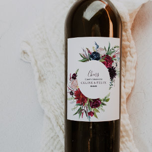 Modern Burgundy Navy Floral Wedding Wine Labels