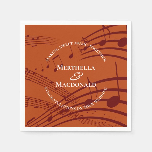 Modern Burgundy Orange Music Notes Wedding Paper Napkin (Front)
