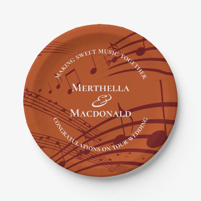 Modern Burgundy Orange Music Notes Wedding  Paper Plate (Front)