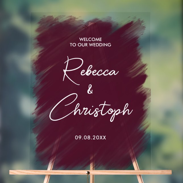 Modern burgundy painted wedding welcome  acrylic sign (Neutral)