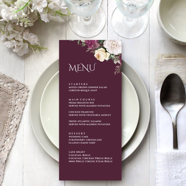 Modern Burgundy Peonies Wedding Menu Card (Modern Burgundy Peonies Wedding Menu Card on a white wedding table.)