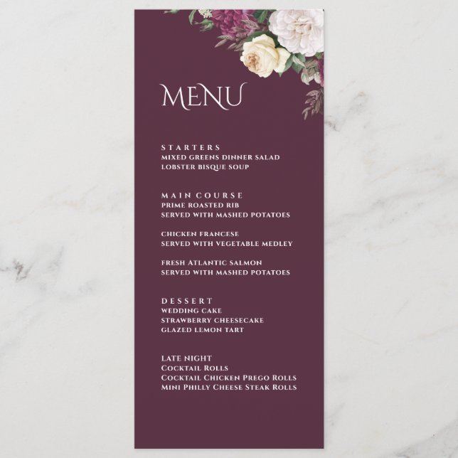 Modern Burgundy Peonies Wedding Menu Card (Front)