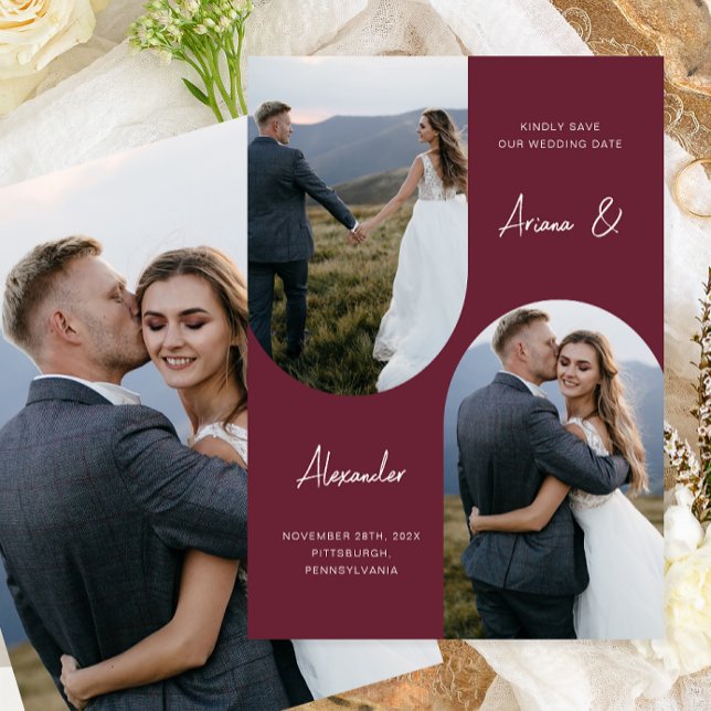 Modern Burgundy Photo Arch Wedding Save The Date (Creator Uploaded)