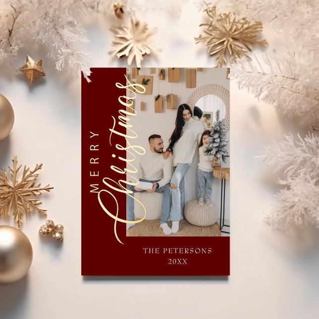 Modern Burgundy Photo Christmas Greeting Gold Foil Holiday Card (Modern Burgundy Photo Christmas Greeting Gold Foil Holiday Card with golden Christmas decoration.)