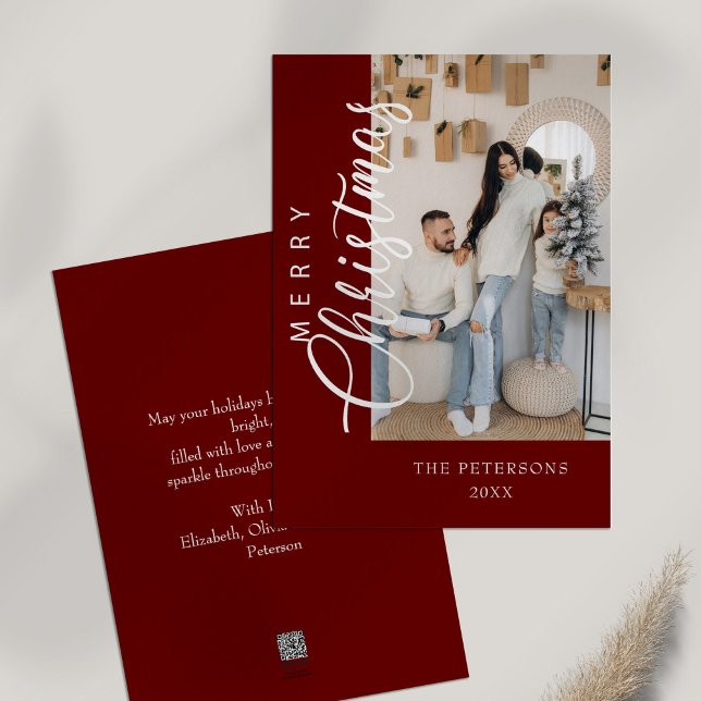 Modern Burgundy Photo Christmas Greeting Holiday Card (Modern Burgundy Photo Christmas Greeting Holiday Card on white table)