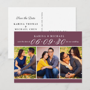 Modern Burgundy Photo Collage Save the Date Announcement Postcard