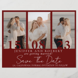 Modern Burgundy Photo Collage Save the Date Card  