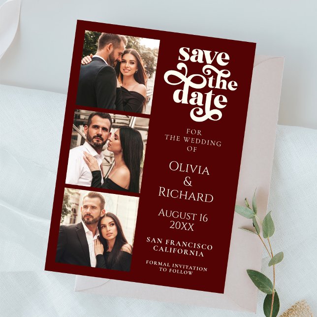 Modern Burgundy Photo Collage Wedding Save The Date (Creator Uploaded)