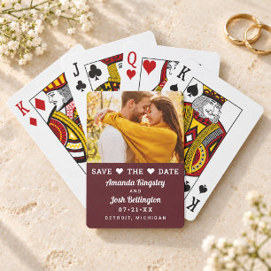 Modern Burgundy Photo Heart Save the Date Playing Cards