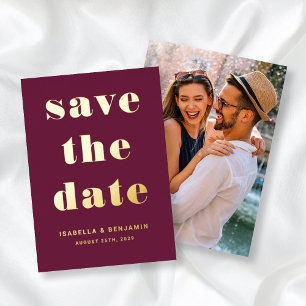 Modern Burgundy Photo Save The Date Gold