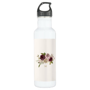 Modern Burgundy Pink Floral Watercolor Monogram 710 Ml Water Bottle