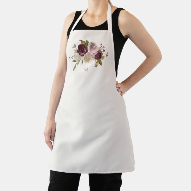 Modern Burgundy Pink Floral Watercolor Monogram Apron (Insitu)