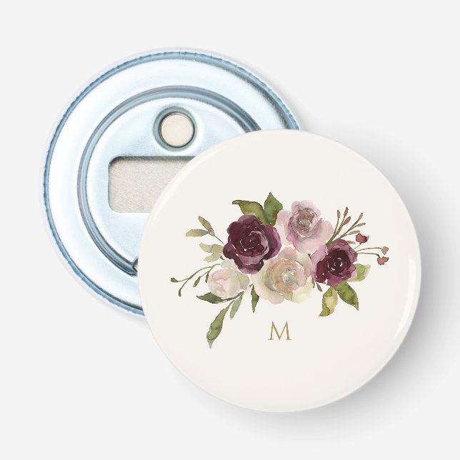 Modern Burgundy Pink Floral Watercolor Monogram Bottle Opener (Front)