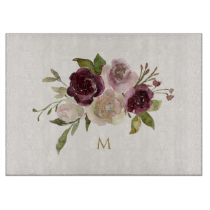 Modern Burgundy Pink Floral Watercolor Monogram Cutting Board