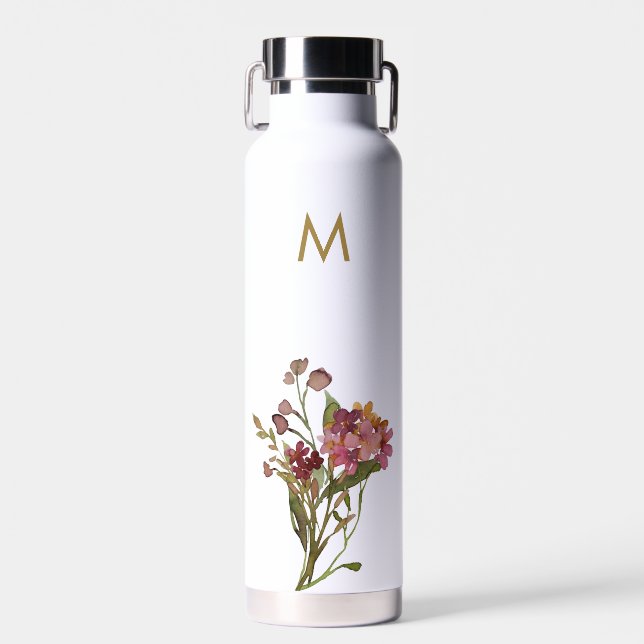 Modern Burgundy Pink Floral Watercolor Monogram Water Bottle (Front)