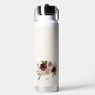 Modern Burgundy Pink Floral Watercolor Monogram Water Bottle