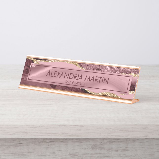 Modern Burgundy Pink Gold Glitter Marble Agate Desk Name Plate (Front)