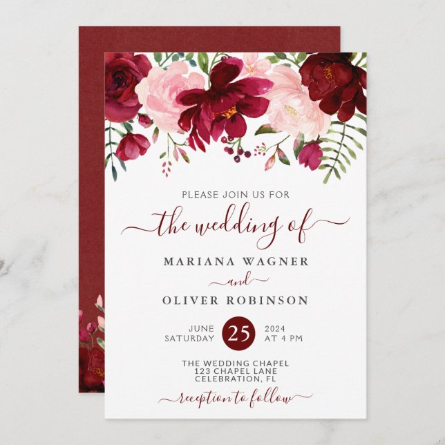 Modern Burgundy Pink Watercolor Floral Wedding Invitation (Front/Back)