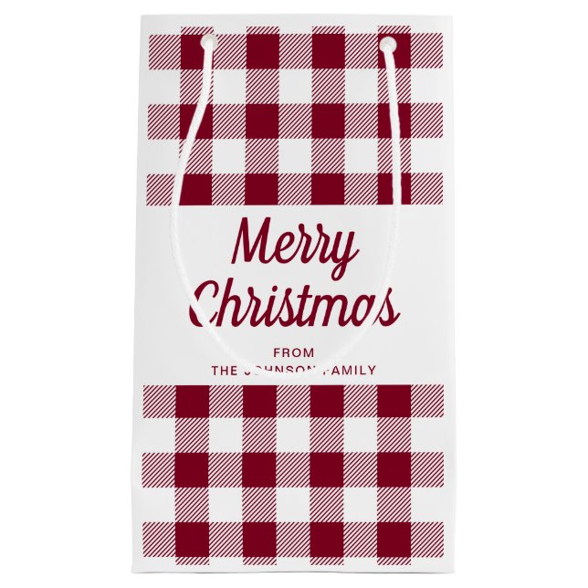 Modern Burgundy Plaid Christmas Small Gift Bag (Front)