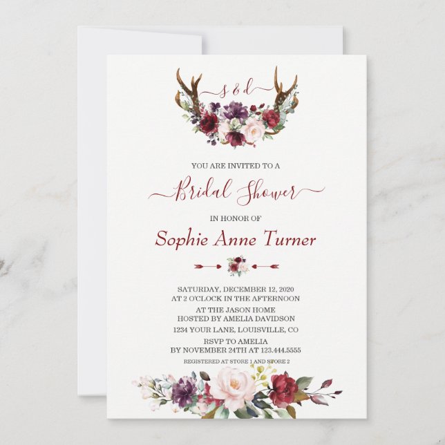 Modern Burgundy Plum Floral Antlers Bridal Shower Invitation (Front)
