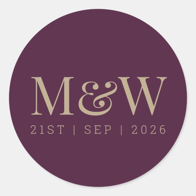 Modern Burgundy Plum Wine Bride Groom Monogram Classic Round Sticker (Front)
