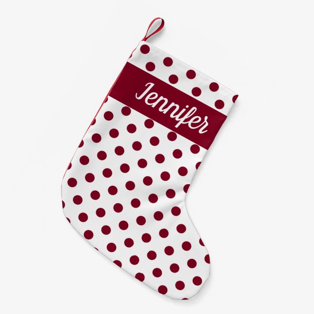 Modern Burgundy Polka Dots Pattern Small Christmas Stocking (Front (Hanging))