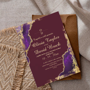 Modern Burgundy & Purple Gold  Wedding Invitation