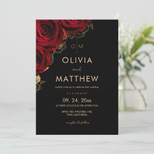  Modern Burgundy Red Black Rose Floral Wedding Invitation