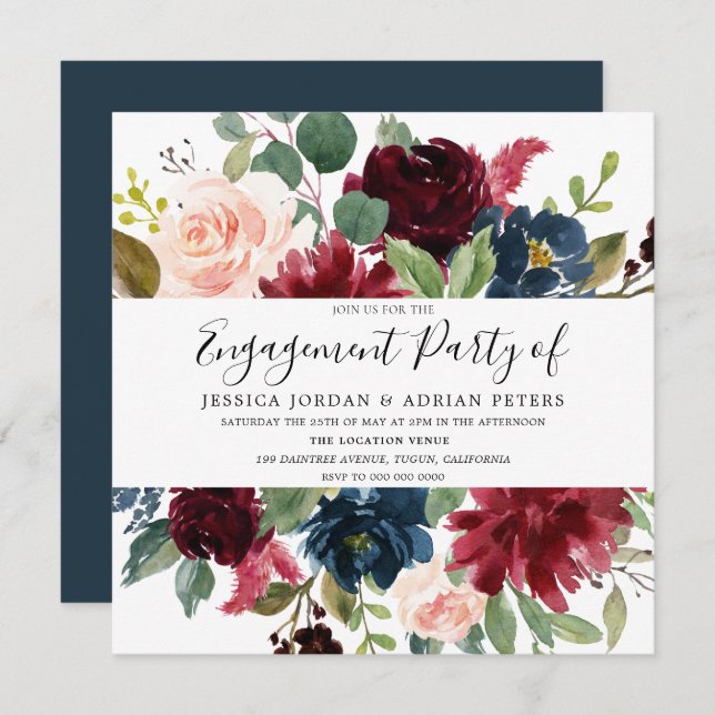 Modern Burgundy Red Blush Green Engagement Party Invitation (Front/Back)