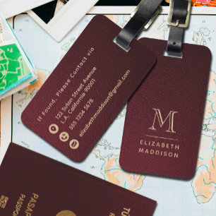 Modern Burgundy Red Faux Leather and Gold Monogram Luggage Tag