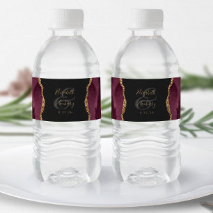 Modern Burgundy Red Gold Agate Dark Wedding Water Bottle Label
