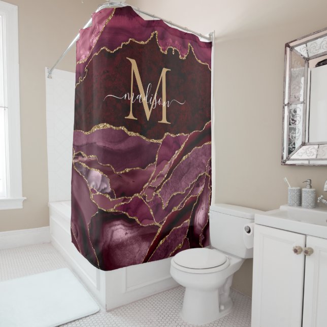 Modern Burgundy Red Gold Agate Geode Monogram Glam Shower Curtain (In Situ)