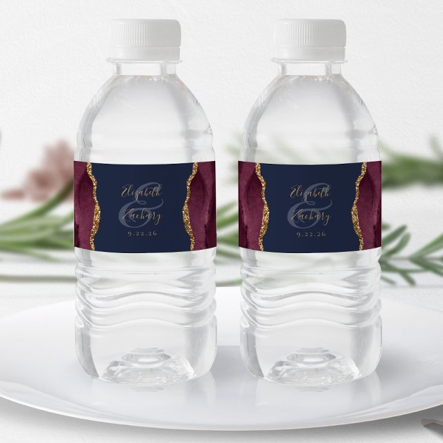 Modern Burgundy Red Gold Agate Navy Blue Wedding Water Bottle Label (Creator Uploaded)