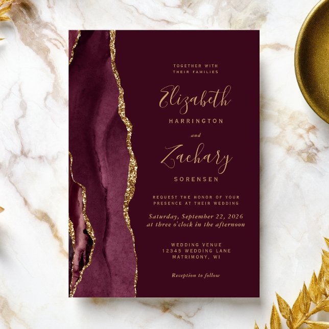 Modern Burgundy Red Gold Agate Wedding Invitation (Creator Uploaded)