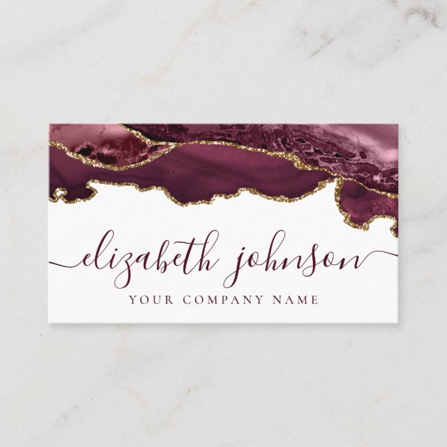 Modern Burgundy Red Gold Glitter Agate Marble Business Card (Front)