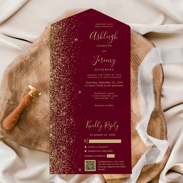 Modern Burgundy Red Gold Glitter QR Code Wedding All In One Invitation (Creator Uploaded)