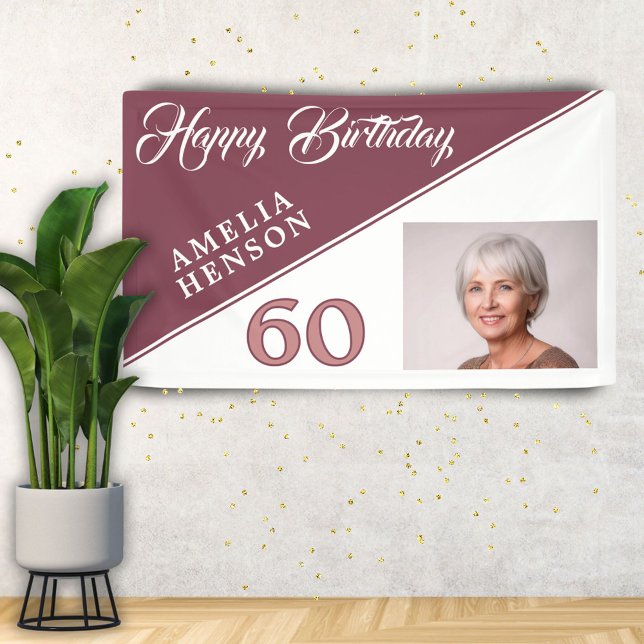 Modern Burgundy Red Happy 60th Birthday Photo  Banner (Creator Uploaded)
