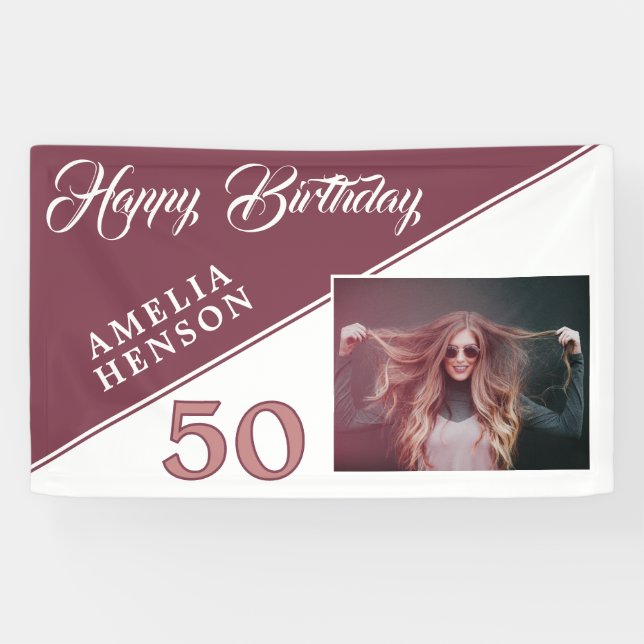 Modern Burgundy Red Happy Birthday Photo  Banner (Horizontal)