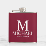 Modern Burgundy Red Personalised Groomsman Hip Flask<br><div class="desc">Modern Personalised Groomsman Gifts
featuring personalised monogram,  groomsman's name and title in white classic serif font style on burgundy red background.

Also perfect for Best Man,  Father of the Bride and more.</div>