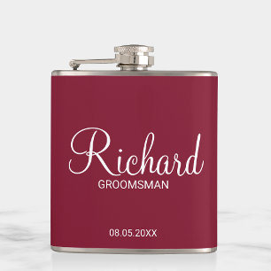 Modern Burgundy Red Personalised Groomsman Hip Flask