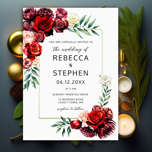 Modern Burgundy Red Rose Floral Gold Frame Wedding Invitation (Creator Uploaded)