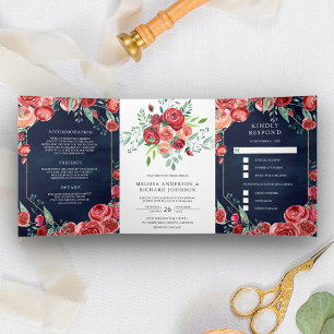 Modern Burgundy Red Roses Floral Navy Blue Wedding Tri-Fold Invitation
