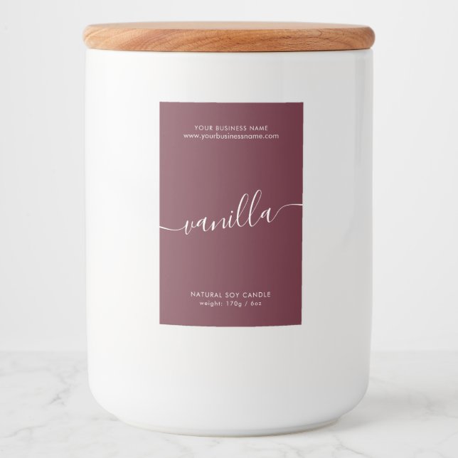 Modern burgundy red script candle product label (Front)