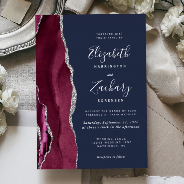 Modern Burgundy Red Silver Agate Navy Blue Wedding (Creator Uploaded)